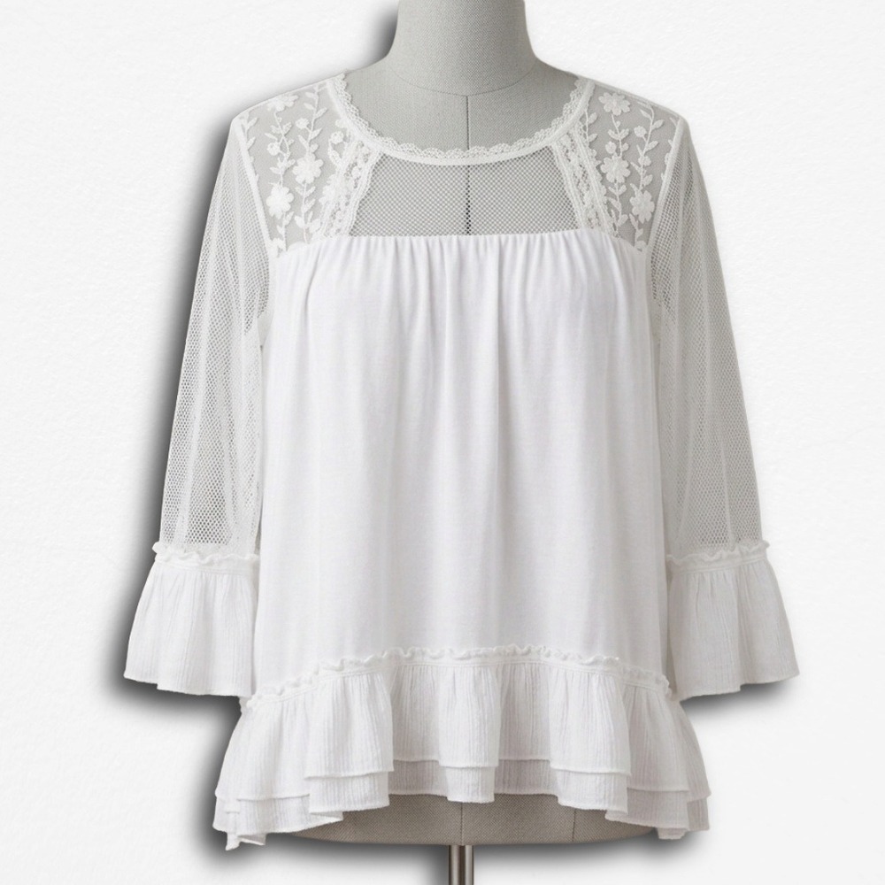 FLAWED POL Womens White Lace Mesh Bell Sleeve Boho Ruffle Hem Blouse Top Small